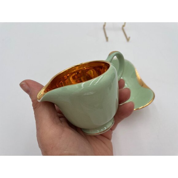 Vintage Figgjo Flint Norway Green & Gold Gravy Boat With Saucer Mid-Century Mode - Picture 6 of 7